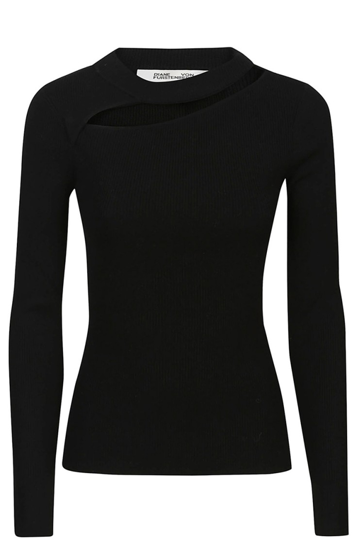Diane Von Furstenberg Asymmetrical Cutout Black Top With Ribbed Texture In Black