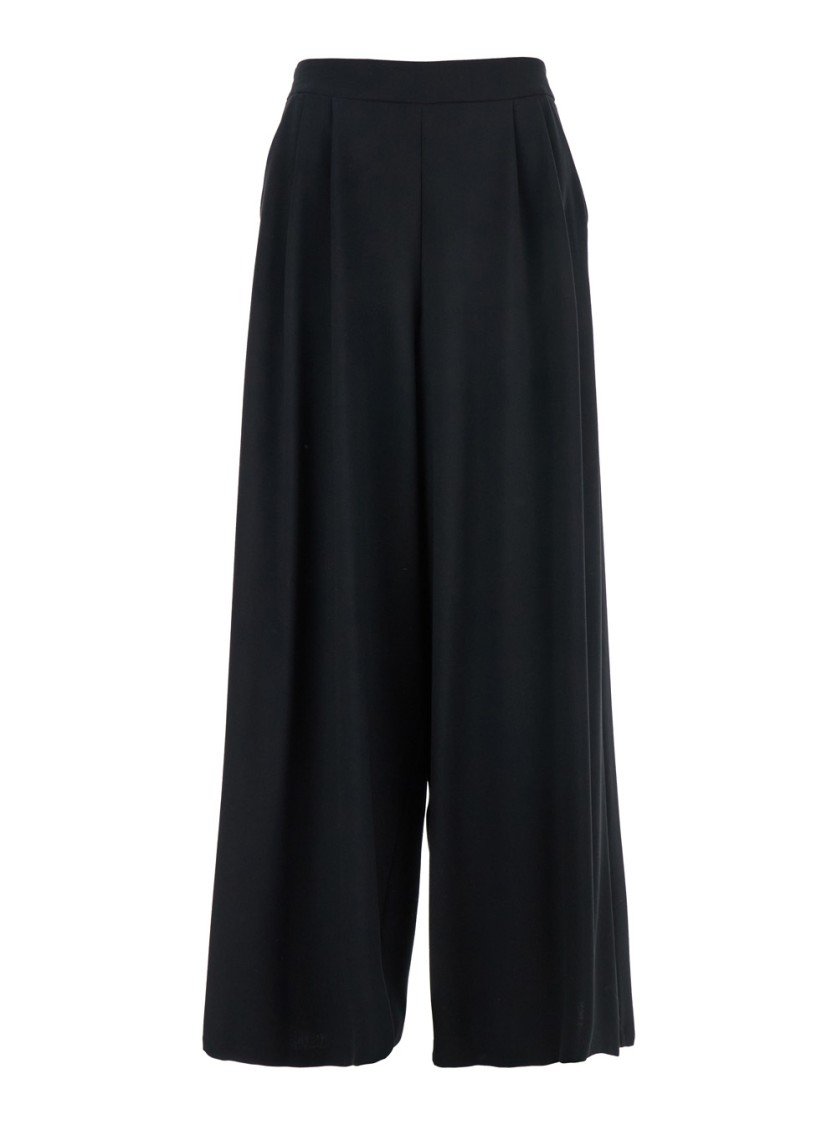 Plain Wide-leg Black Pants With Elastic Waistband In Black