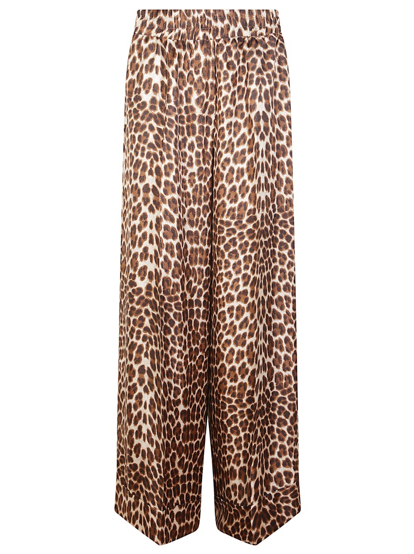 P.a.r.o.s.h . Leopard Print Silk Trousers With Welt Pockets And Flared Fit In Brown