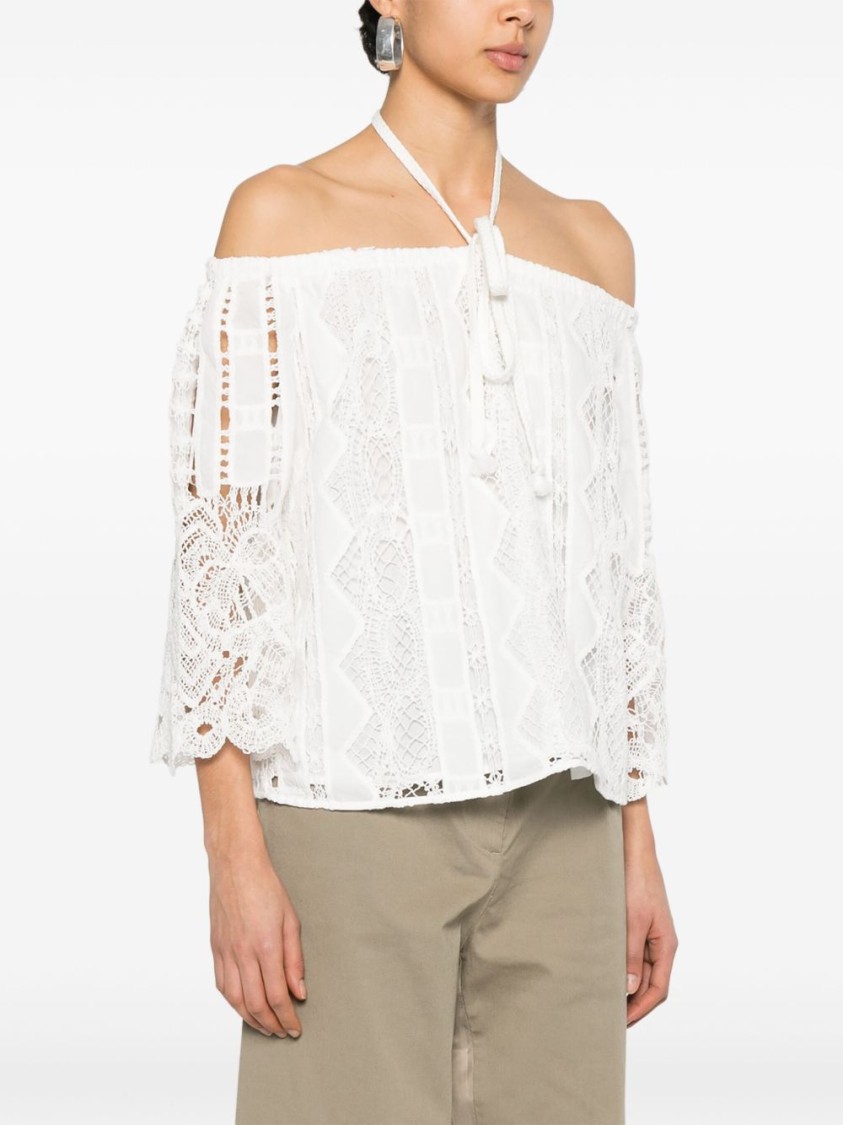 Pinko Off-the-shoulder Lace Detail Blouse With Tie Closure