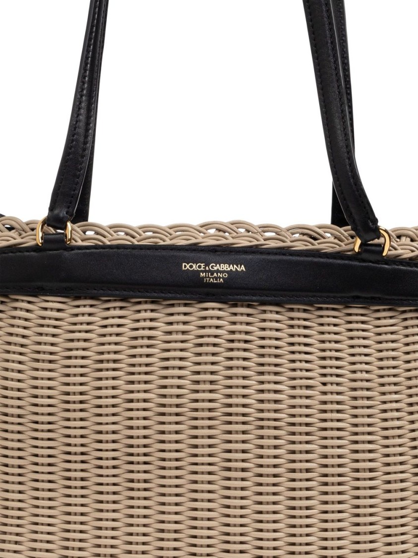 Dolce & Gabbana Woven Structured Handbag With Black Leather Accents In Neutrals