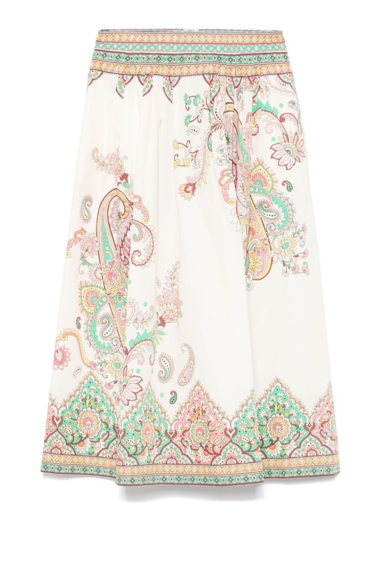 Etro Womens Print On White Base Floral-print High-rise Cotton Midi Skirt In Neutral