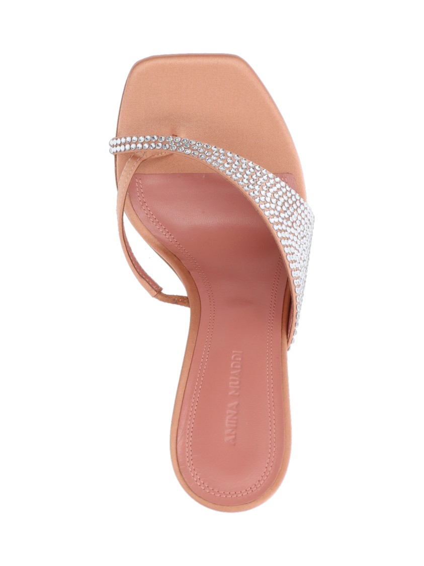 Shop Amina Muaddi Shiona Crystal Sandals In Beige Satin