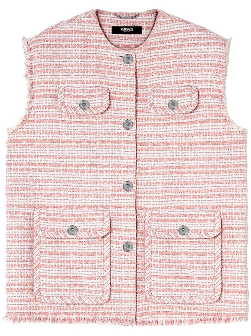 Shop Versace Pink Tweed Gilet