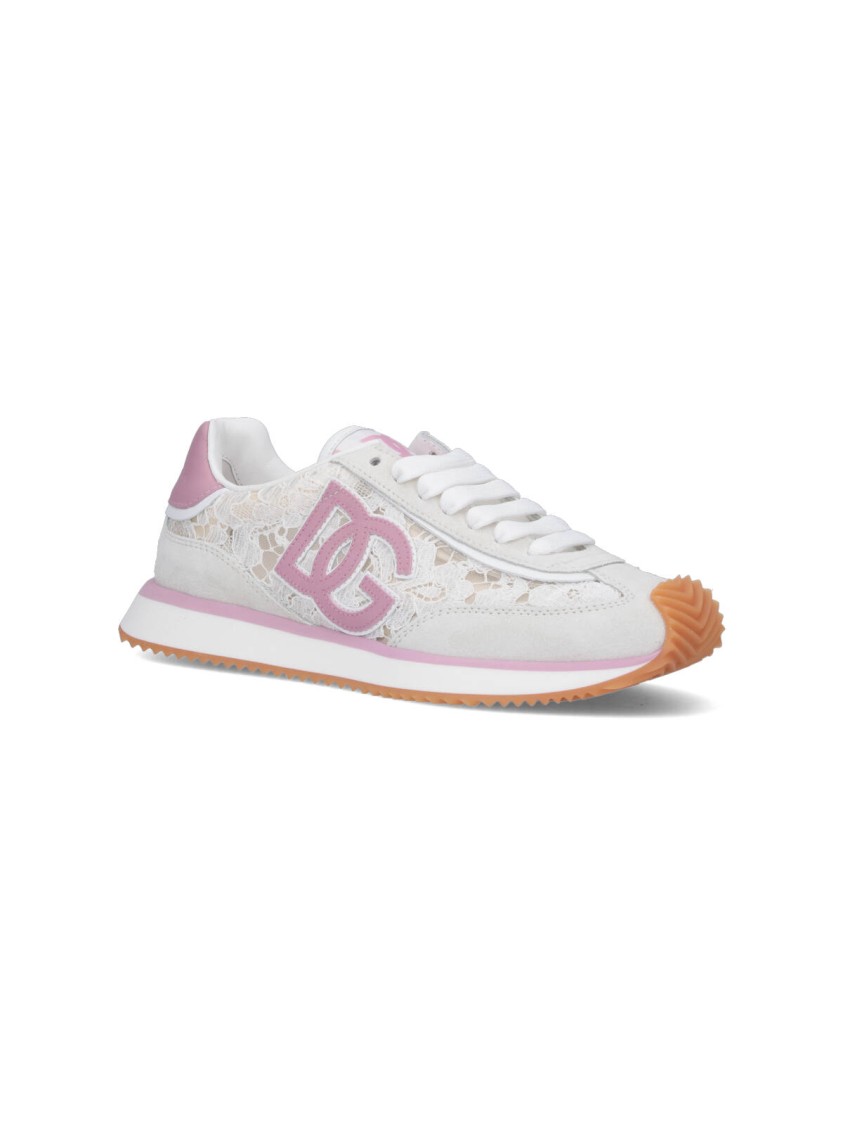 Dolce & Gabbana White Low Top With Lace Details And Dg Patch On The Side In Fabric And Suede Blend Woman In Multi