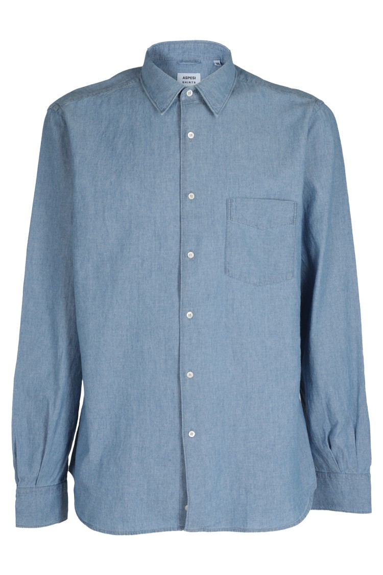 ASPESI ASPESI FITTED LIGHT DENIM CHAMBRAY SHIRT WITH POINTED COLLAR