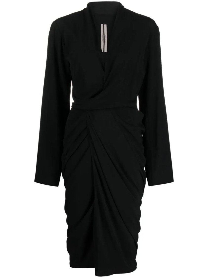 Rick Owens Draped Midi Dress With Deep V-neckline In Black