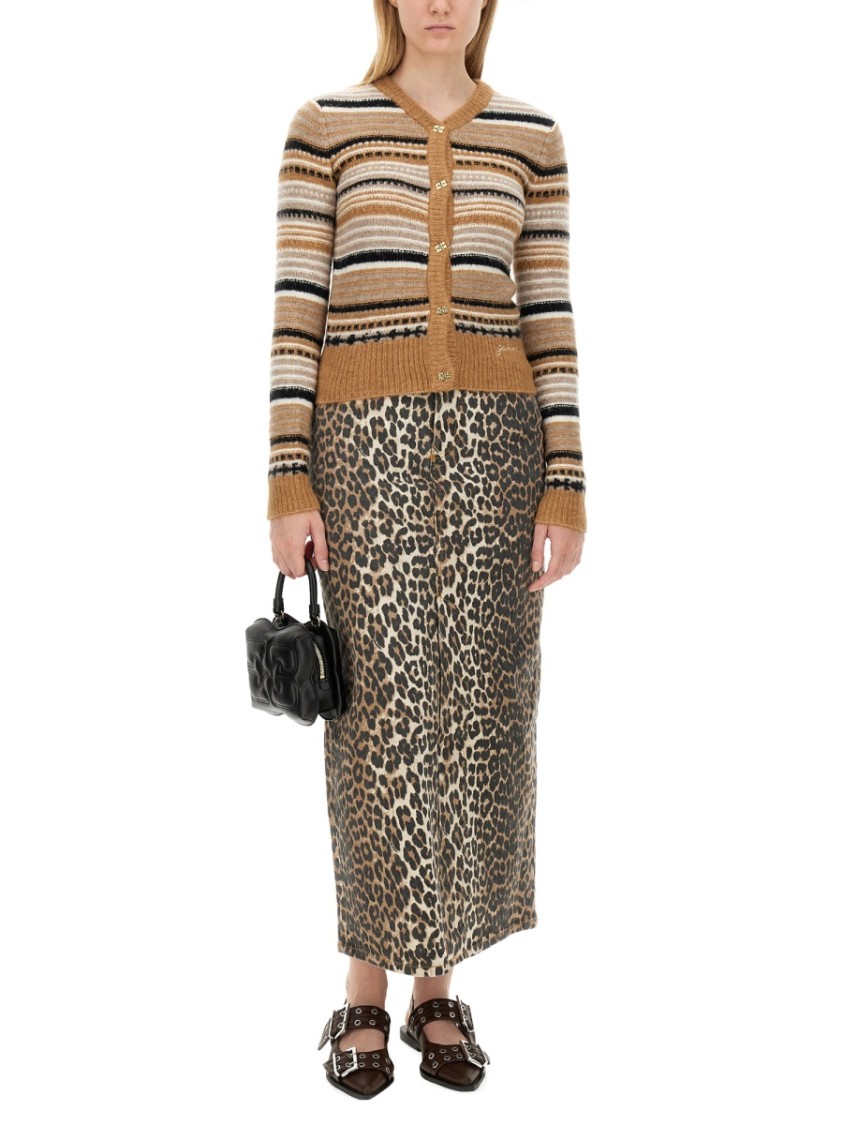 Ganni Multicolor Striped Cardigan With Logo Embroidery In Wool Woman In Multicolor