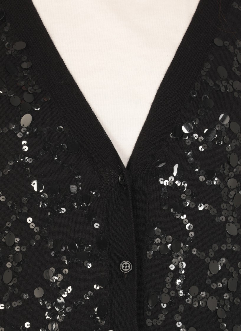 Fabiana Filippi V-neck Wool Blend Cardigan With Front Sequins Detail In Black