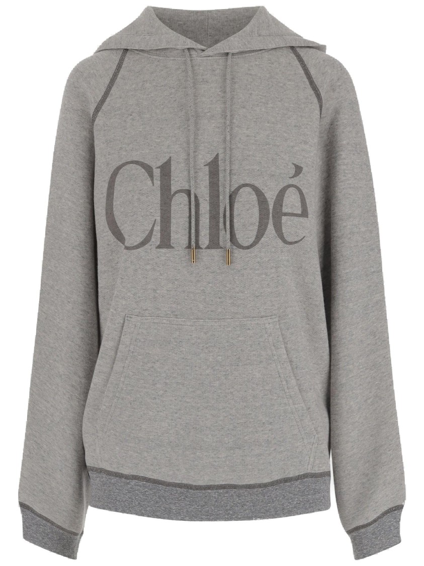 Chloé Cotton Blend Sweatshirt With Drawstring Hood And Logo In Gray