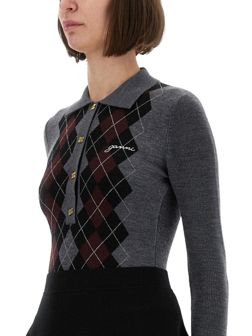 Ganni Grey Sweater With Classic Collar And Check Motif On The Front In Wool Woman In Gray