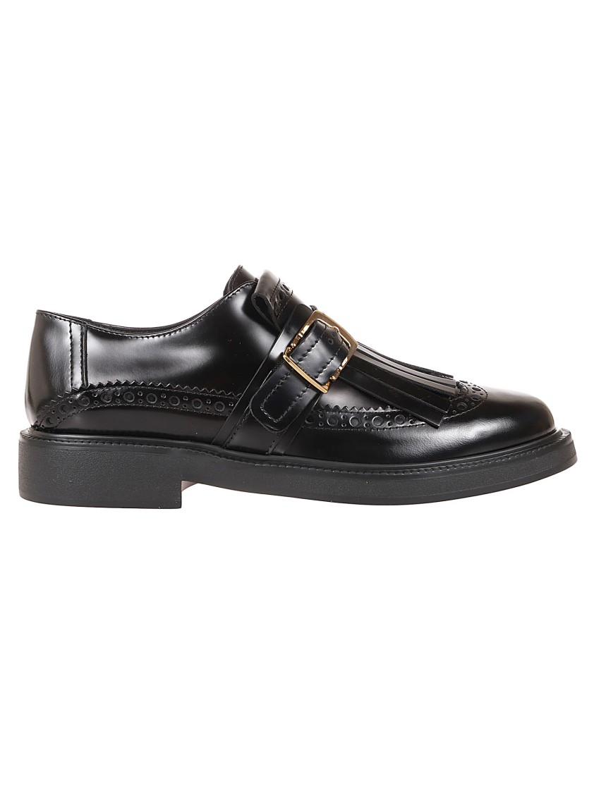 Tod's Leather Moccasins With Decorative Fringe And Buckle Strap In Black