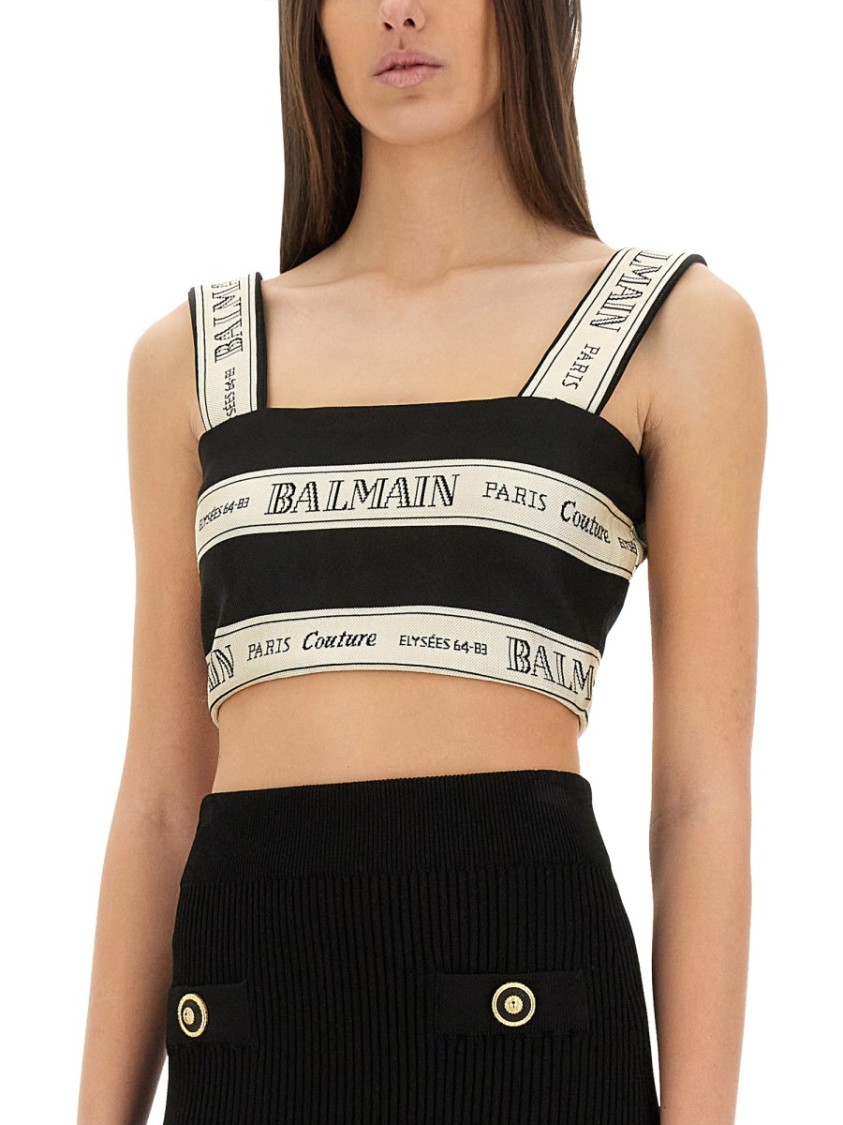 Shop Balmain Cropped Top With Wide Straps In Black