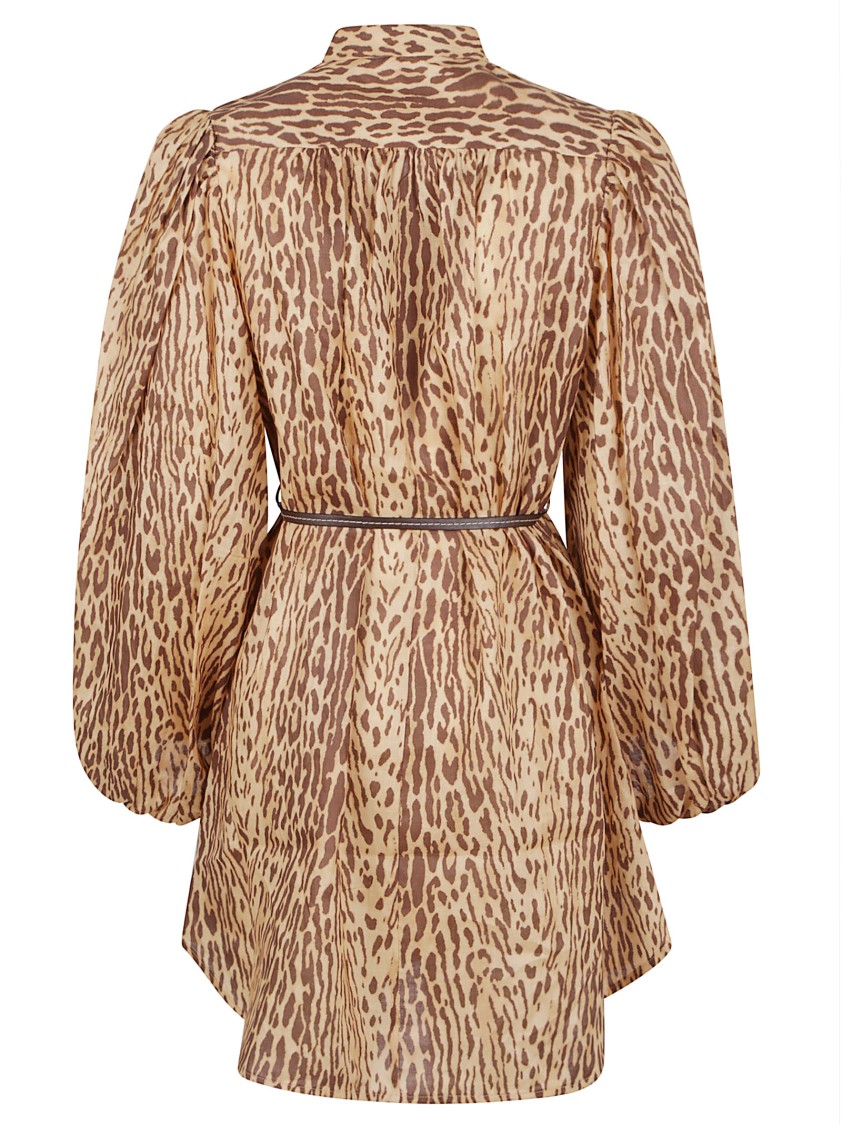 Zimmermann Cascadian Beige Tunic Dress With Stand-up Collar And All-over Leopard Print In Linen Woman In Brown