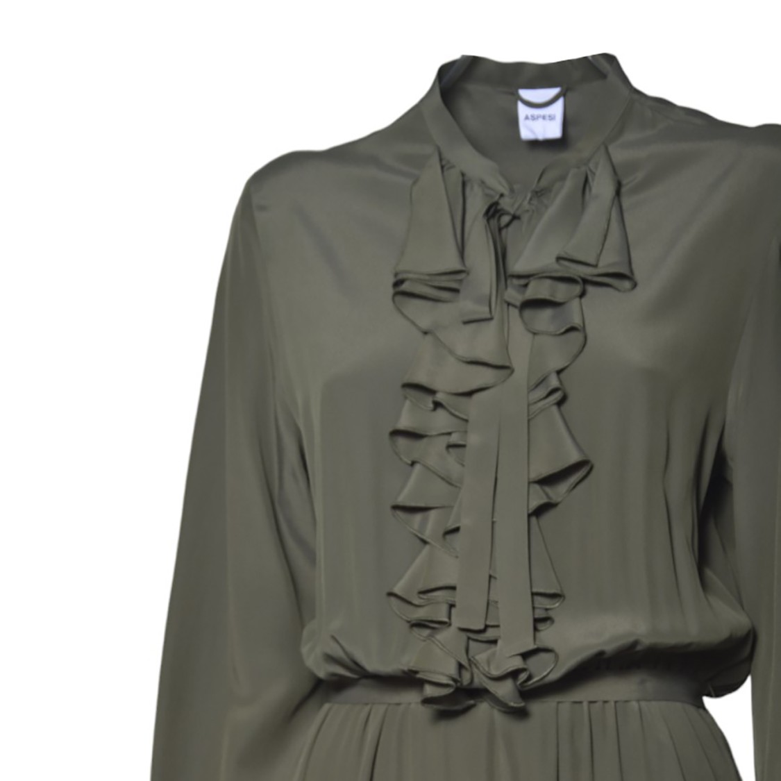 Aspesi Green Crepe De Chine Midi Dress With Ruffles In Green