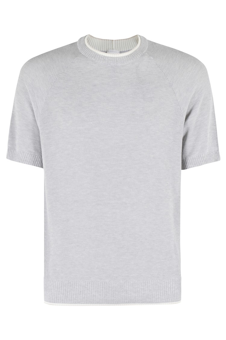 Eleventy Ribbed Crew Neck Cotton Sweater With Contrasting Trim In White