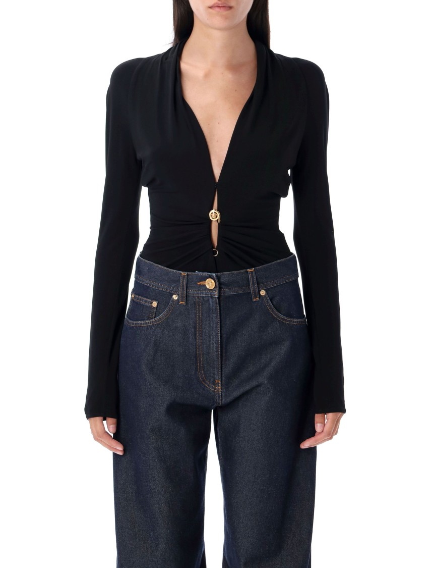 Versace Safety Pin Draped Bodysuit In Black