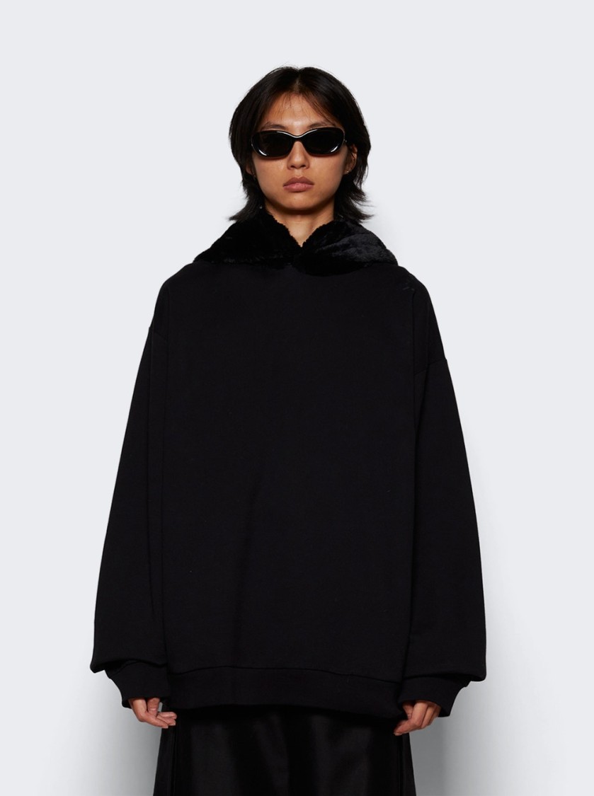 Shop Marni Oversized Black Sweatshirt With Faux Fur-lined Hood