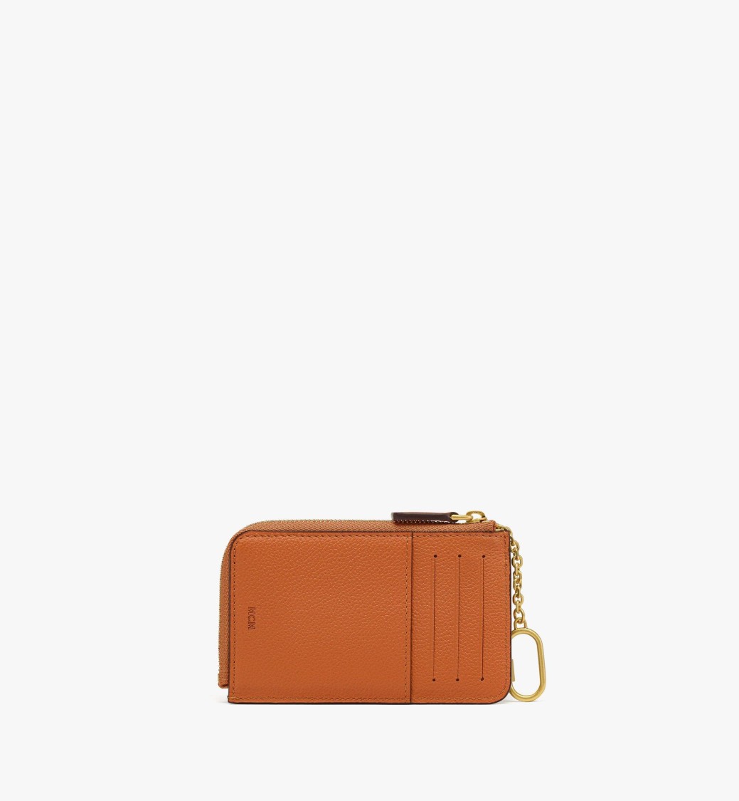 Mcm Cognac Leather Card Case With Gold-plated Hardware In Orange