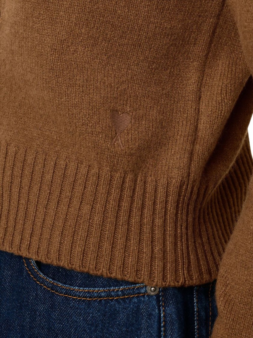 Ami Alexandre Mattiussi Ami Cropped Brown Wool Cardigan With Crew Neck And Ami De Coeur Embroidery In Brown