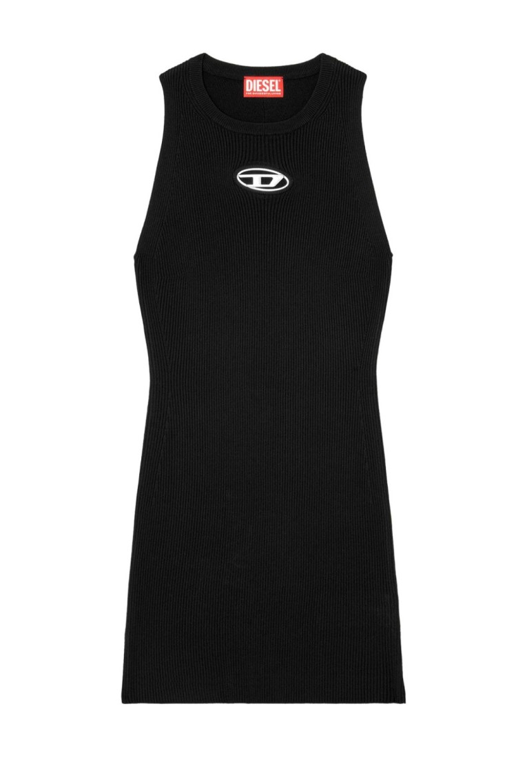 Diesel Ribbed Black Sleeveless Mini Dress With Logo Detail