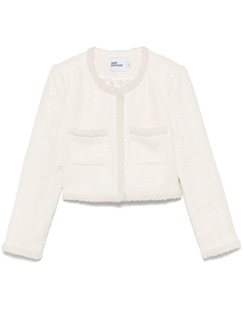 Self-portrait Bouclé Jacket With Pearls And Sequin Detail In Neutral