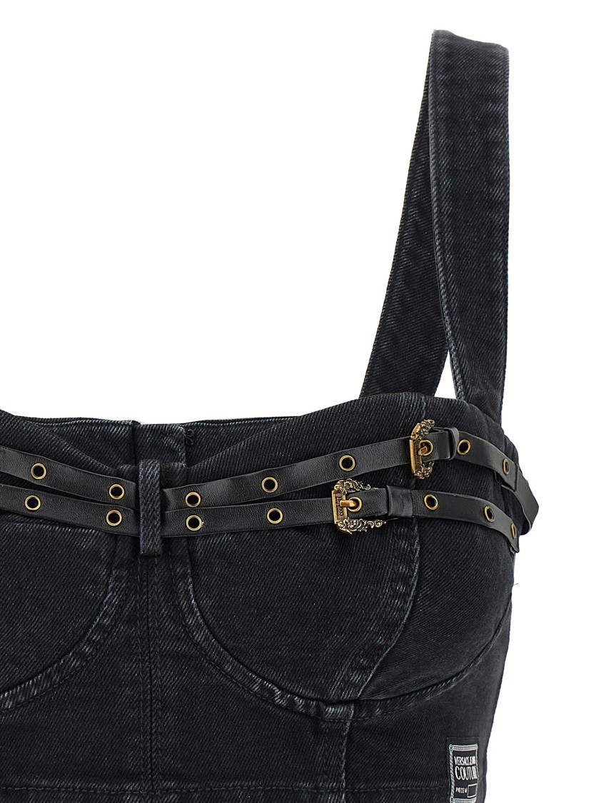 Versace Jeans Couture Baroque Buckle Denim Top With Heart Neck In Black