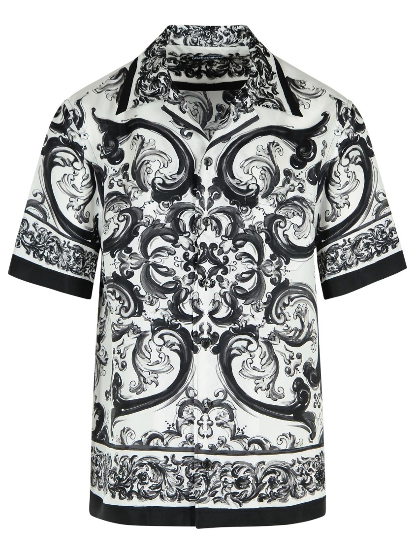 Dolce & Gabbana Maiolica Black And White Bowling Shirt With Cuban Collar And All-over Print In Silk Man