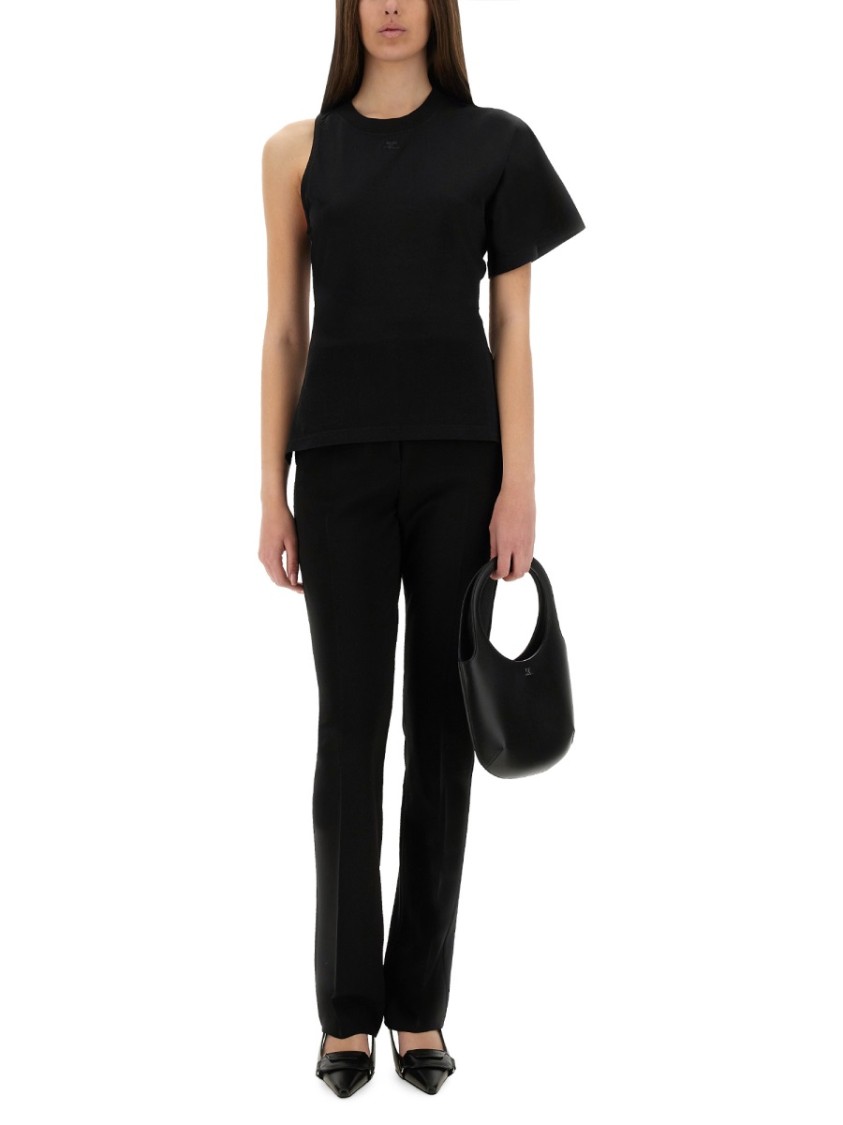 Shop Courrèges One-shoulder Black T-shirt In Soft Cotton
