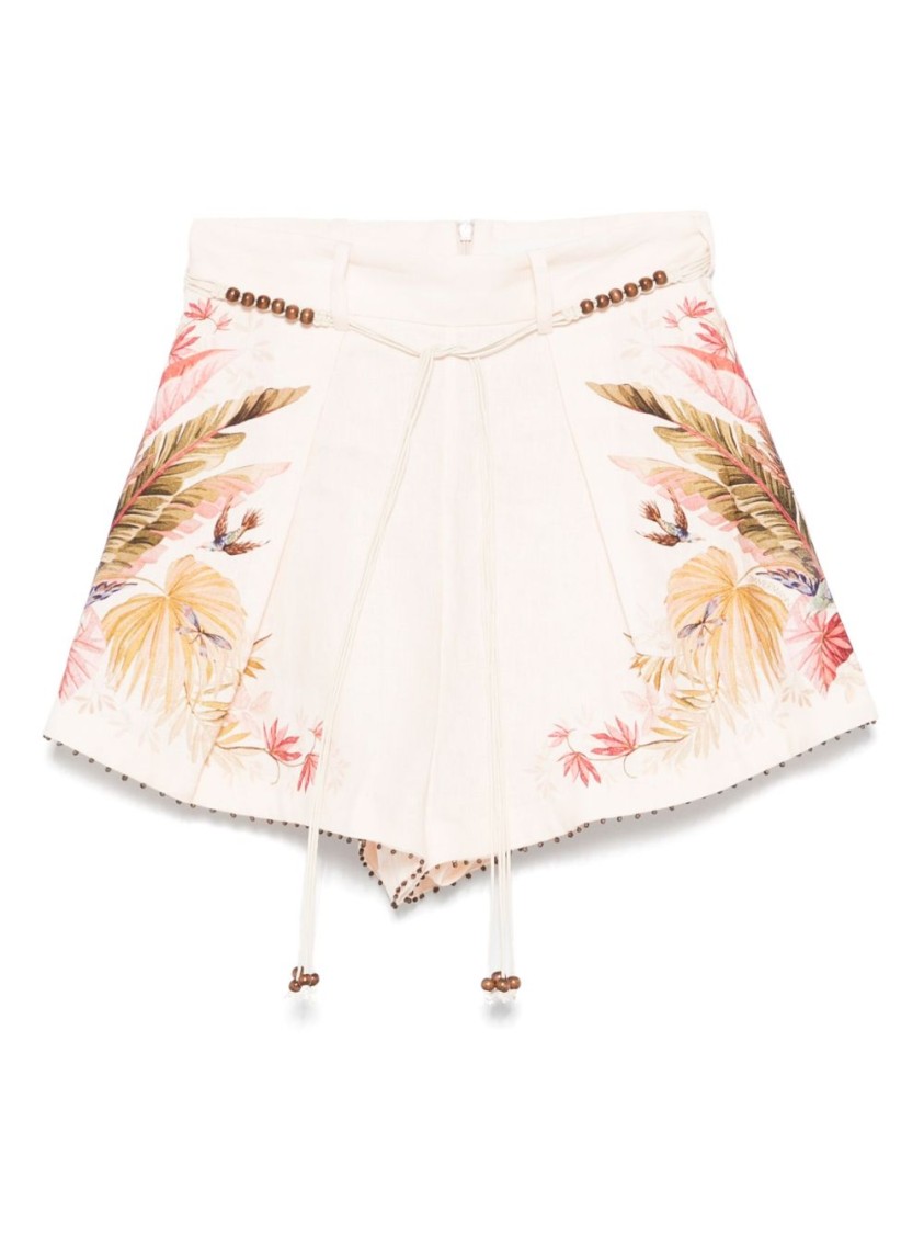 Zimmermann Ascension Belted Bead-embellished Floral-print Linen Shorts In Neutral