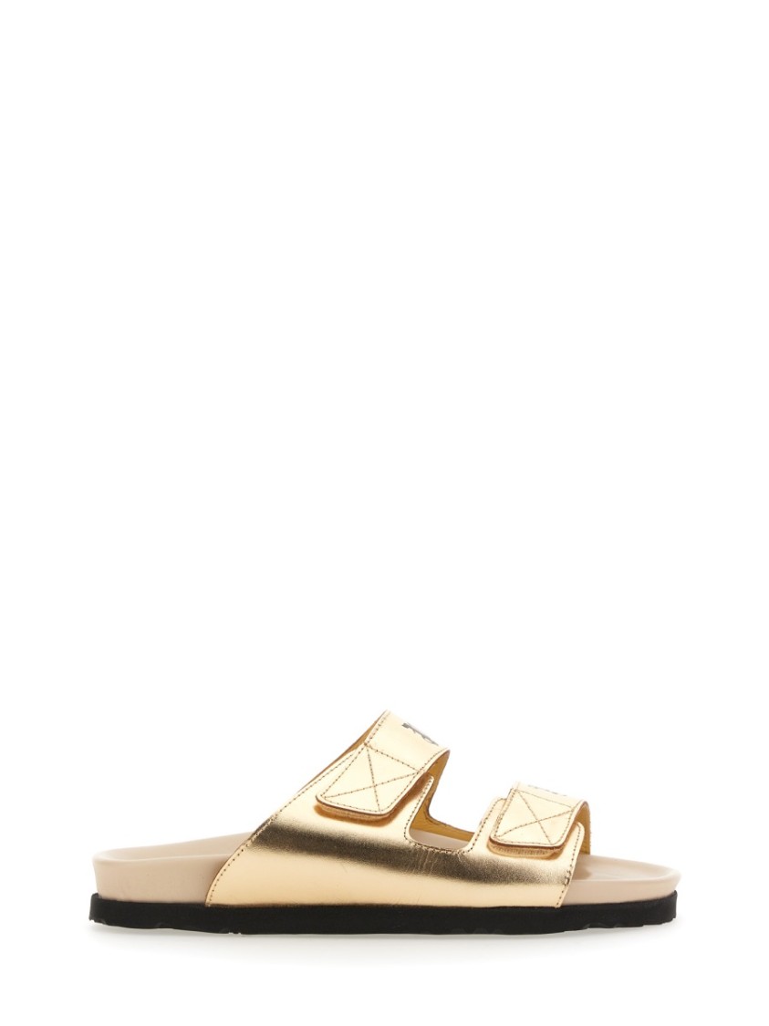 Palm Angels Logo-print Leather Slides In Gold