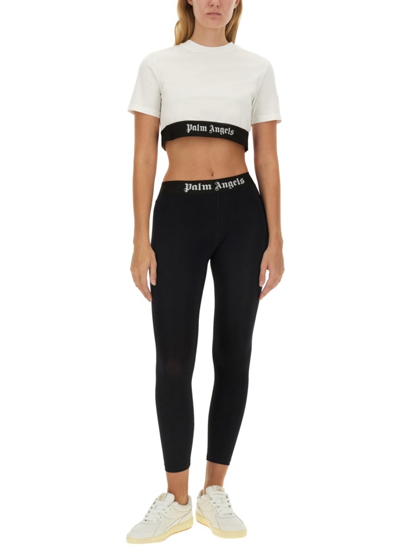 Palm Angels White Cropped T-shirt With Jacquard Logo In Cotton Woman In White