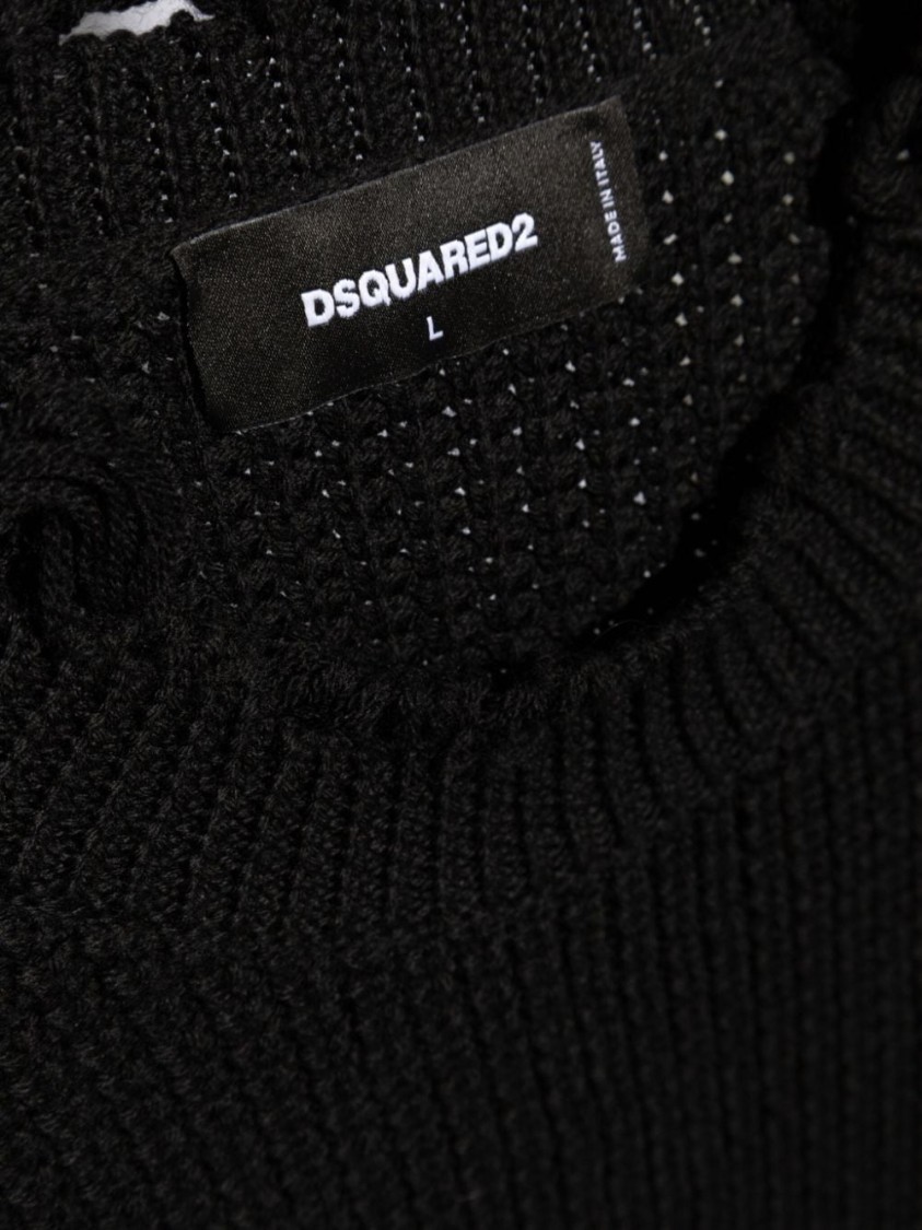 Dsquared2 Textured Knit Sweater With Raw Hem And Distressed Detailing In Black
