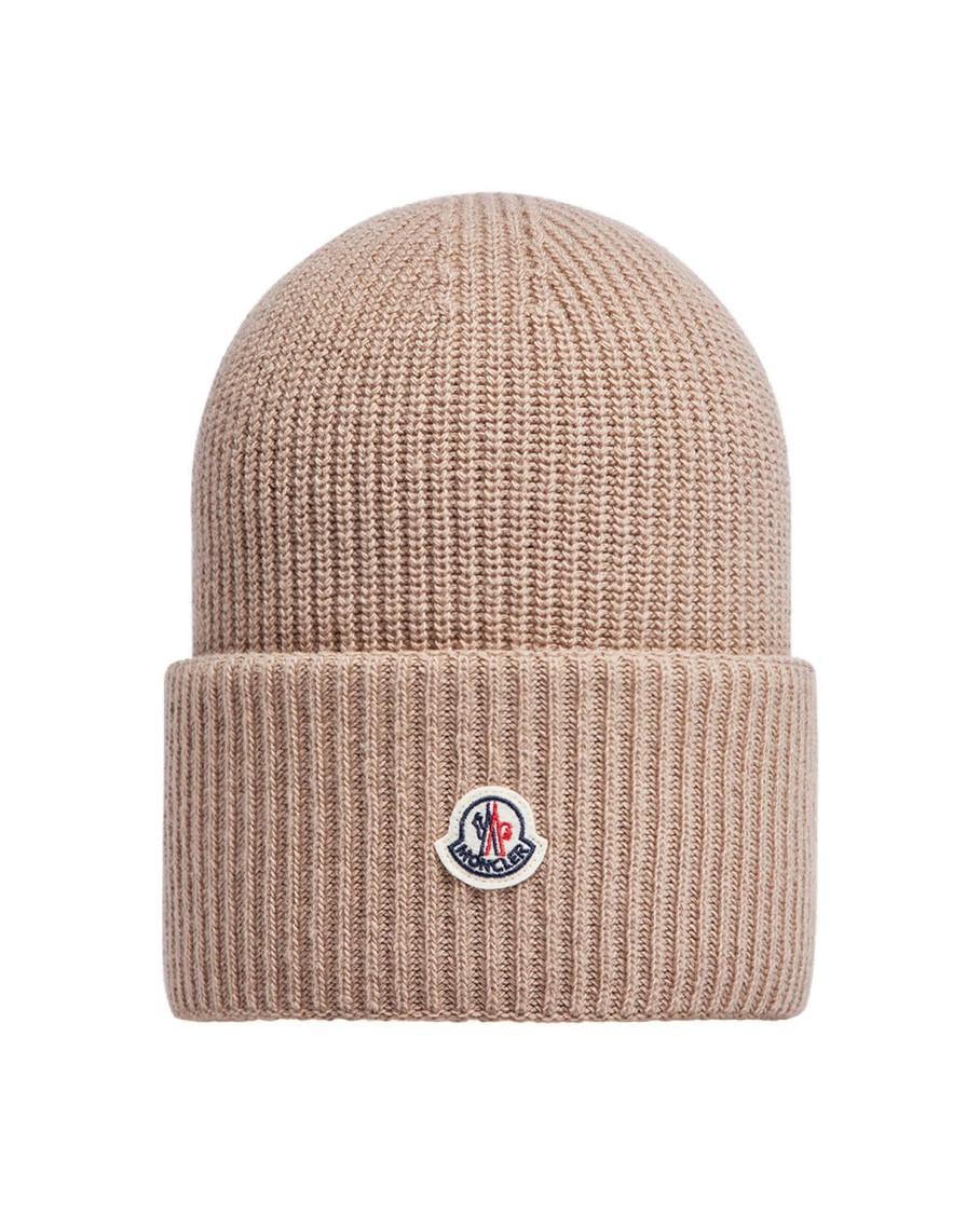 Moncler Ribbed Wool Cap With Folded Cuff In Neutral
