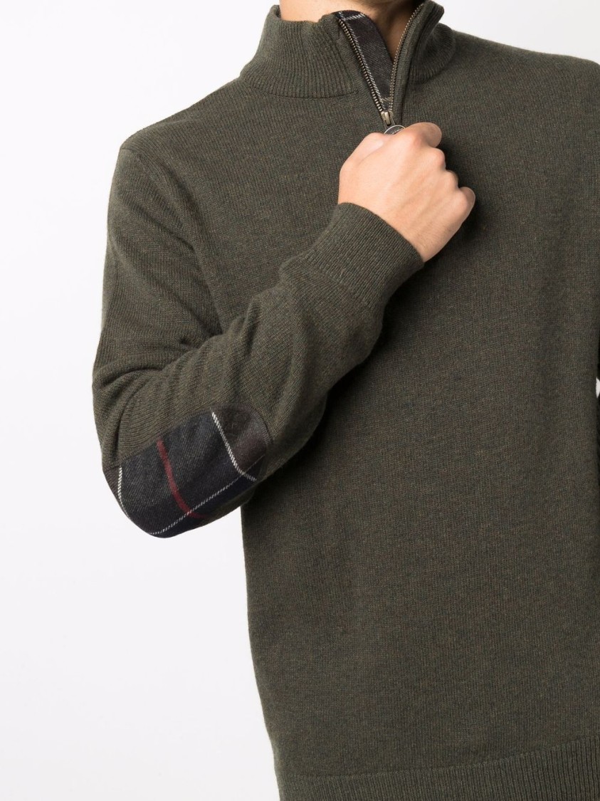 Barbour Khaki-green Wool Half-zip Sweater With Ribbed Edges And Elbow Patches In Black