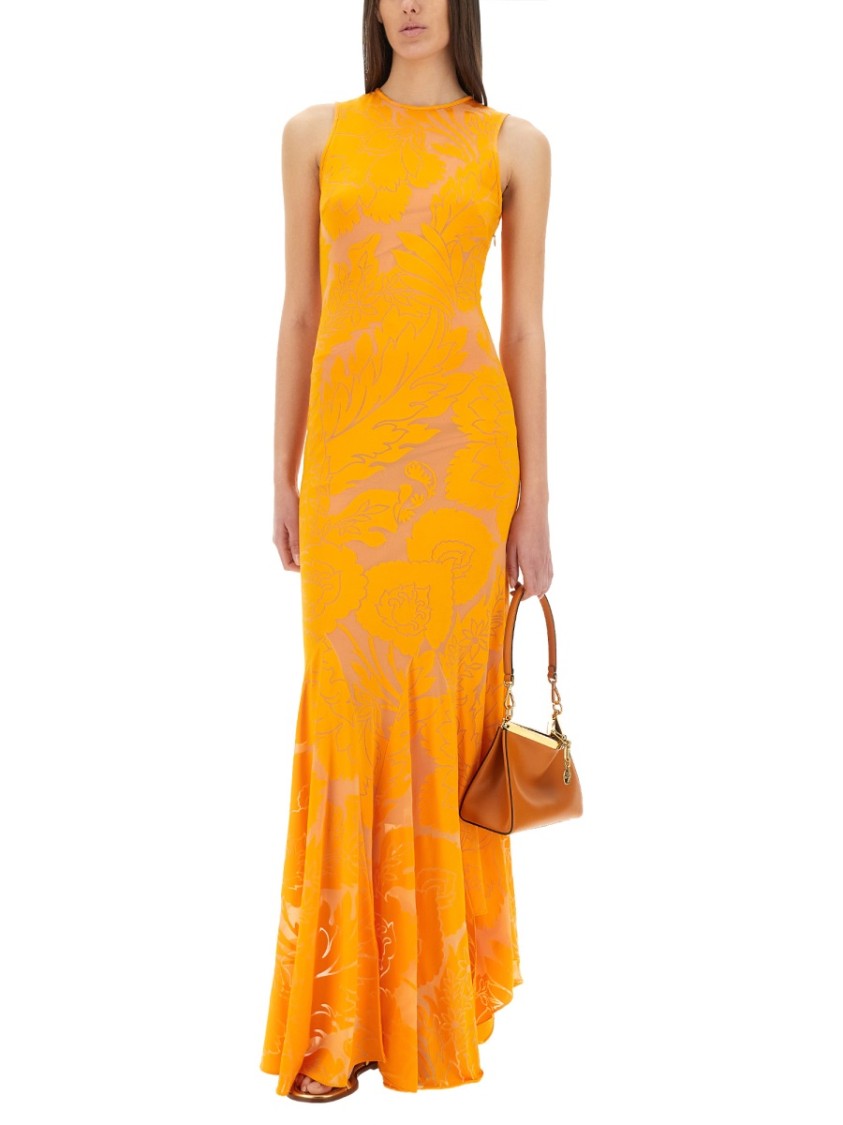 Etro Orange Long Dress With Semi-transparent Design And Cut Out Detail On The Back In Viscose Blend Woman In Orange