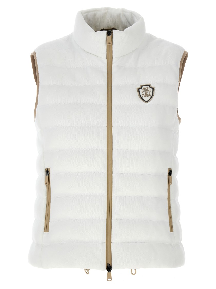 Brunello Cucinelli Goose Down Padded Cotton Vest With Front Logo And High Neck In White