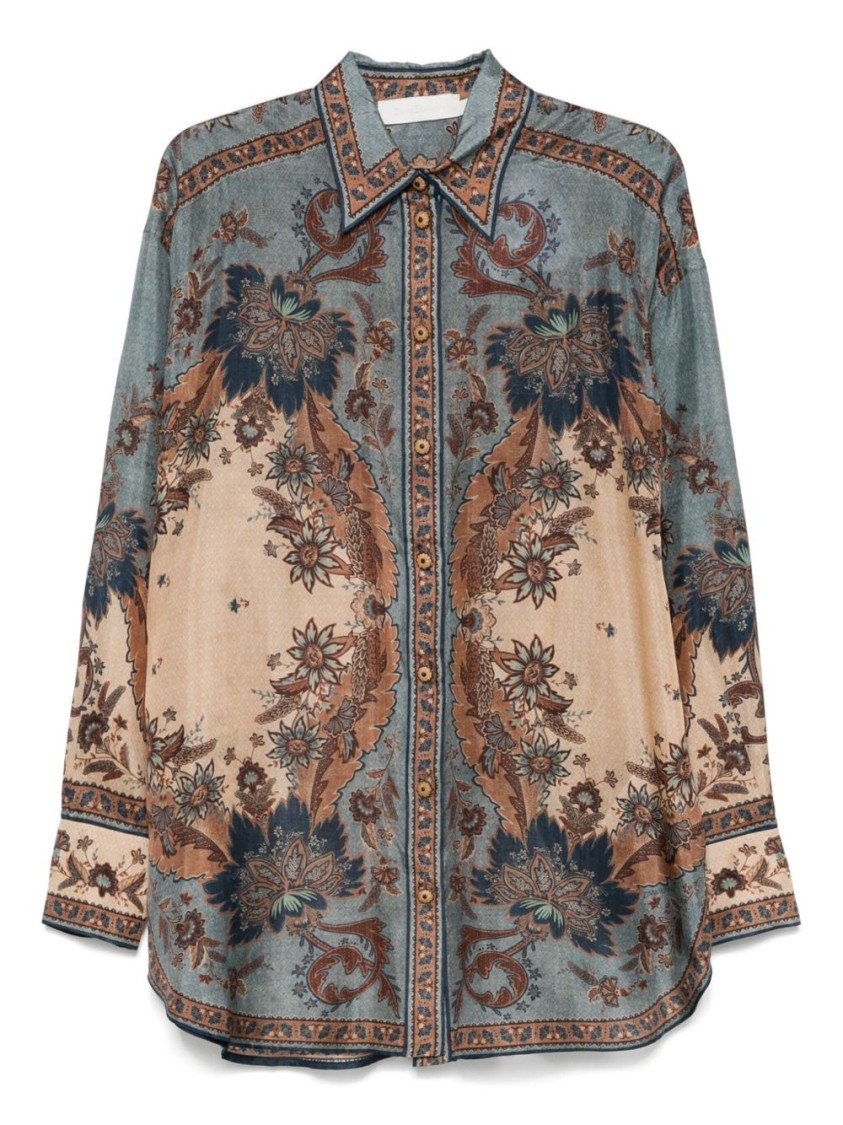 Zimmermann Ascension Manstyle Printed Silk Shirt In Gray