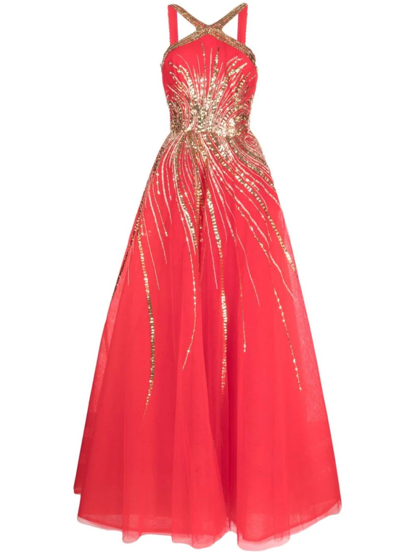 Saiid Kobeisy Tulle Beaded Dress With Halter Neckline In Red