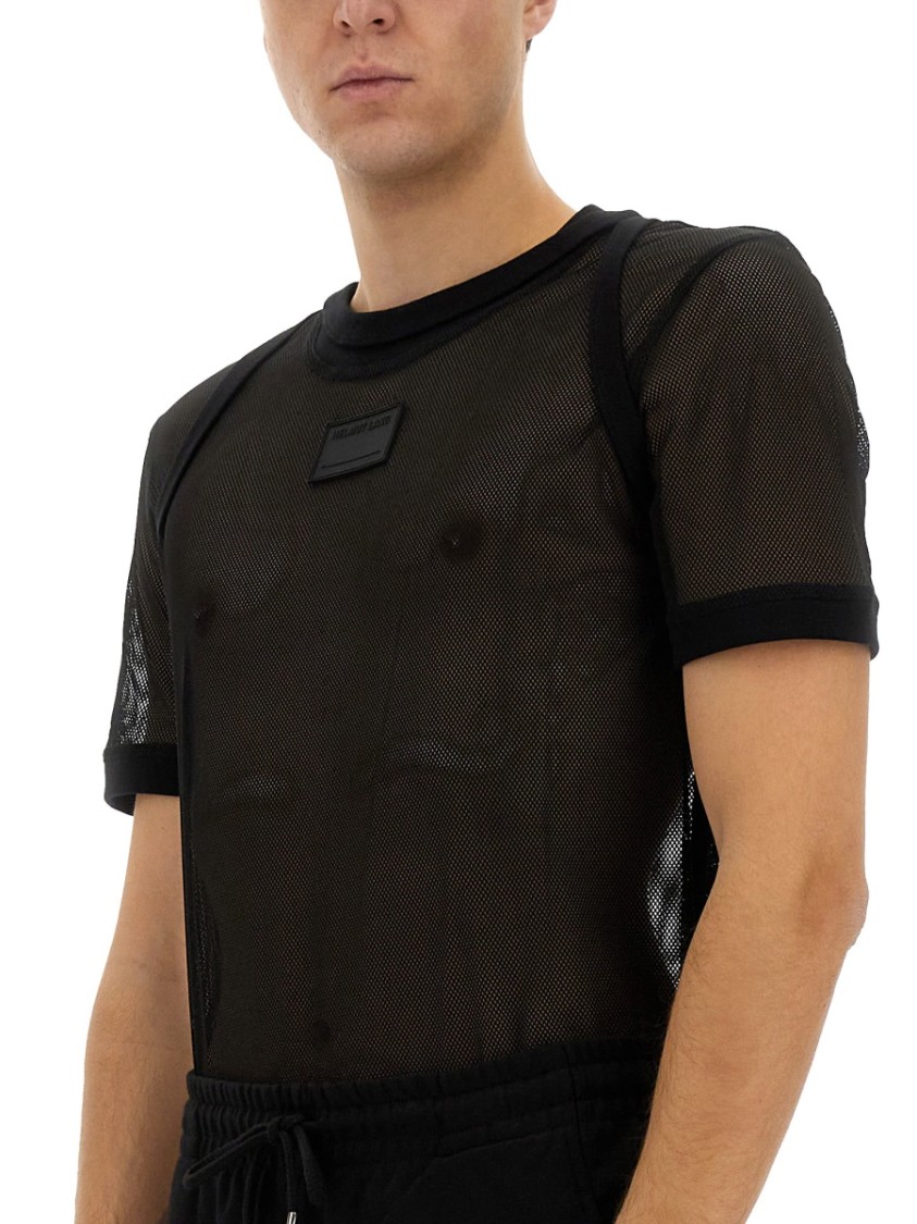 HELMUT LANG HELMUT LANG SEMI-TRANSPARENT MESH T-SHIRT WITH GRAPHIC PRINT