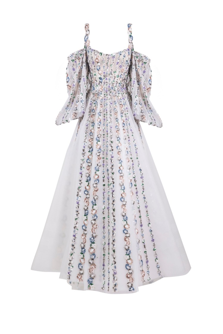 Saiid Kobeisy Off-shoulder Beaded Dress With Shoulder Straps In Pink