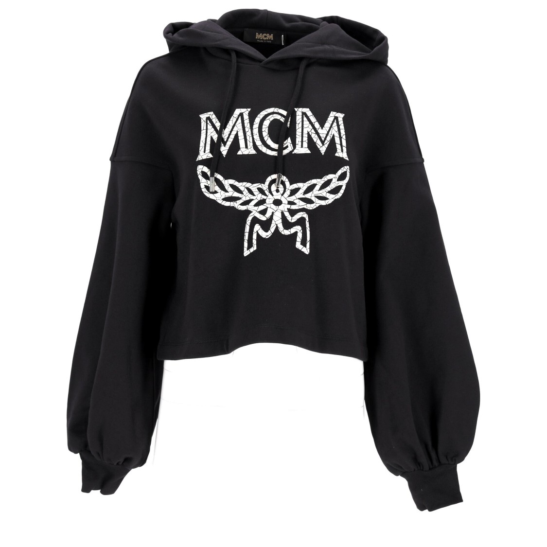 Mcm Cropped Black Oversized Hoodie With Iconic Logo Print In Black