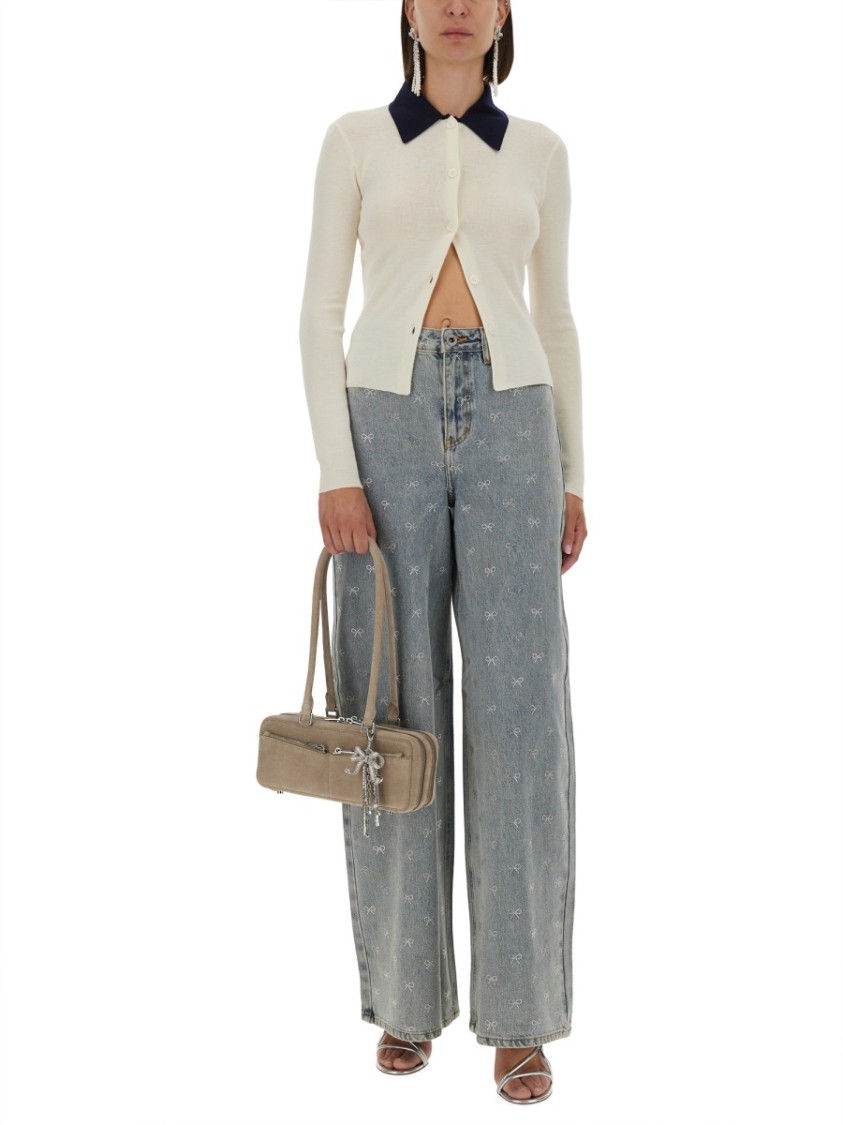 Self-portrait Button-front Cream Merino Wool Cardigan With Contrasting Collar In Gray