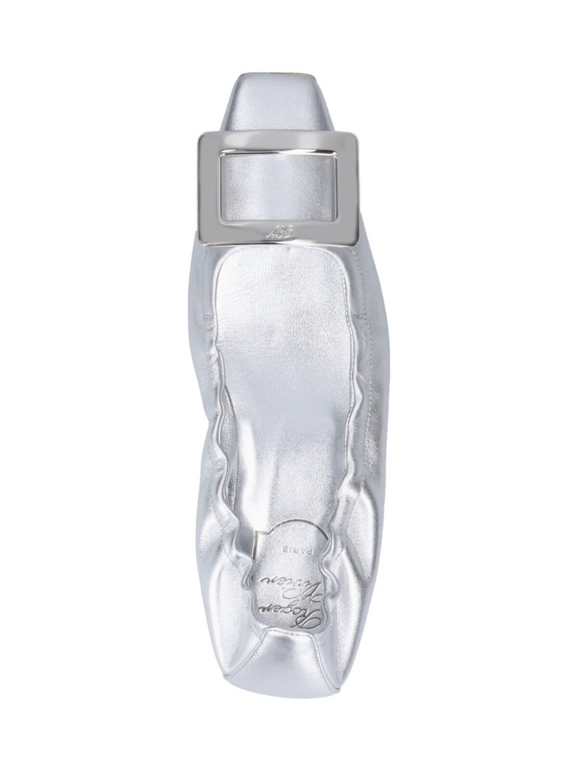 Roger Vivier Metallic Silver Leather Ballerina Flats With Draped Detailing In Silver