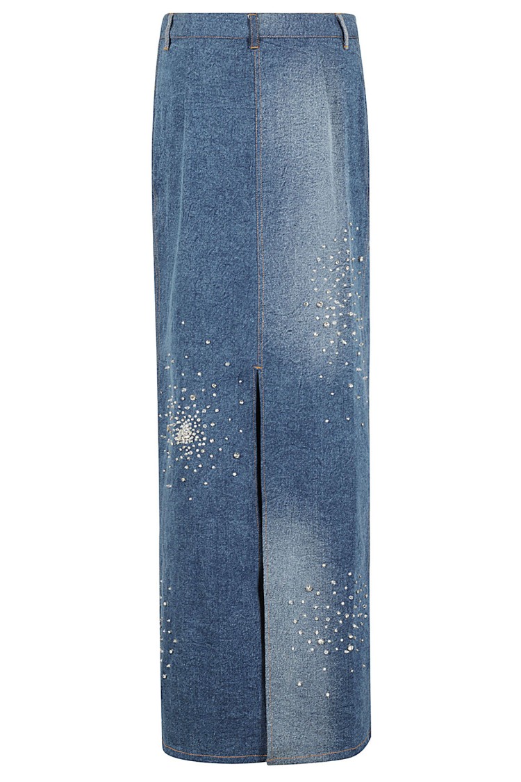 Des Phemmes Tie Dye Embroidered Denim Midi Skirt In Blue