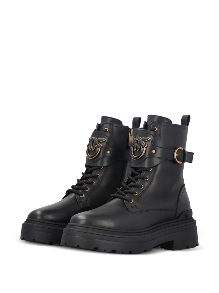 Pinko Chunky Platform Black Leather Boots With Decorative Buckle In Black
