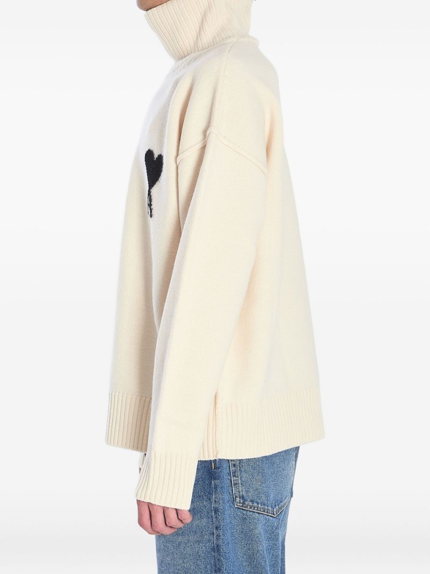 Ami Alexandre Mattiussi Ami White Turtleneck Sweater With Heart Motif In Neutral