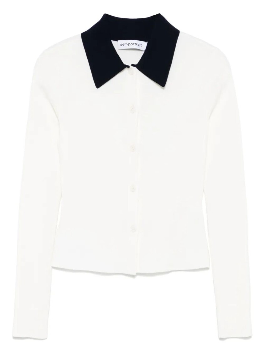 Self-portrait Button-front Cream Merino Wool Cardigan With Contrasting Collar In White