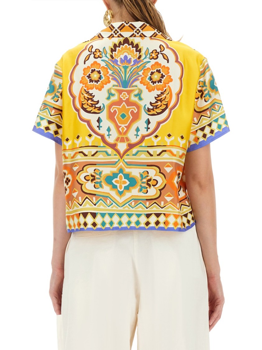 Etro Short Sleeve Collared Cropped Print Top In Multi