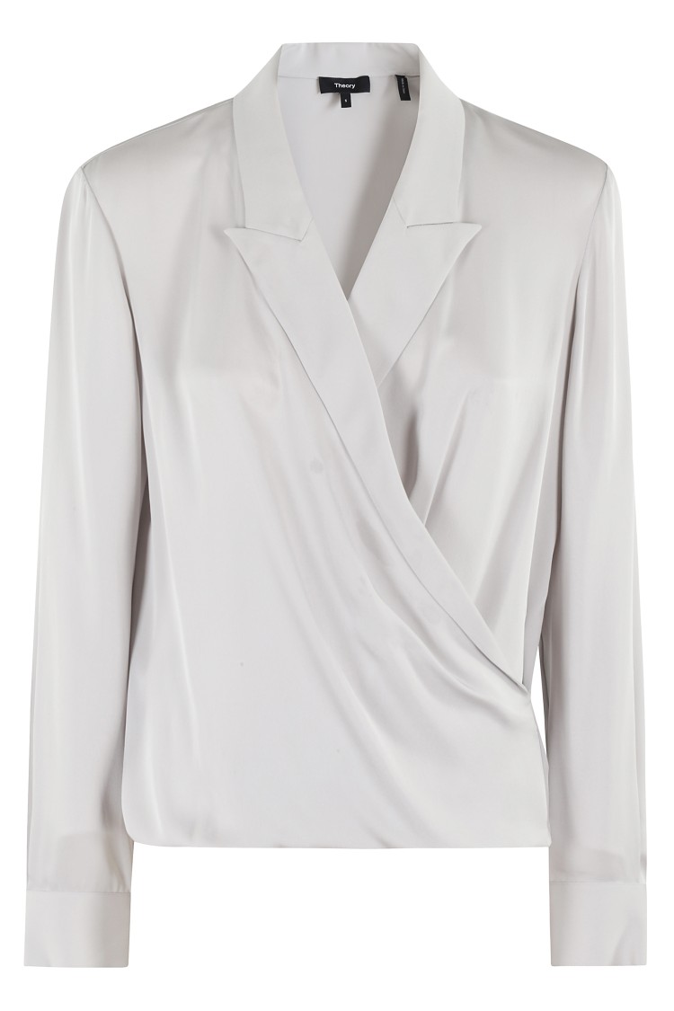 Theory Metallic Blouse With Peak Revers And Crossover Neck In Grey